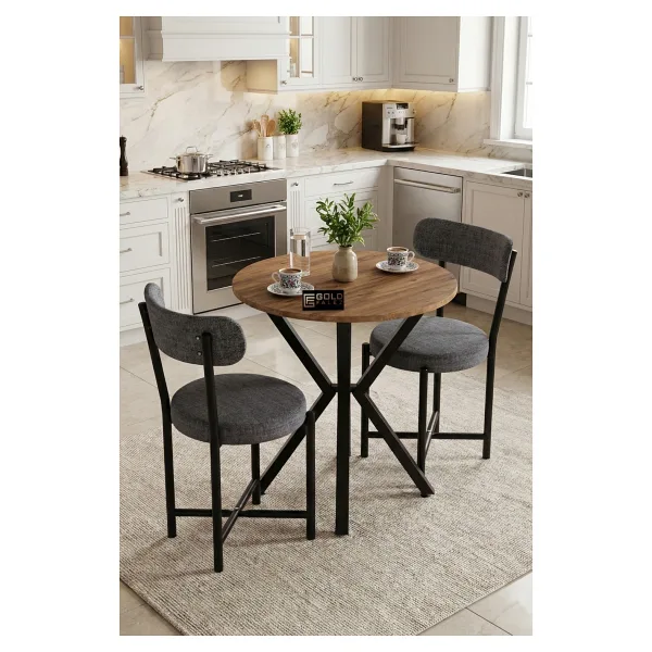 GOLDFALEZ Mutfak Masası 70 Çap Yuvarlak 2 Sandalyeli Masa Takımı Modern Set Bahçe Balkon Cafe Teddy 9840 Gri