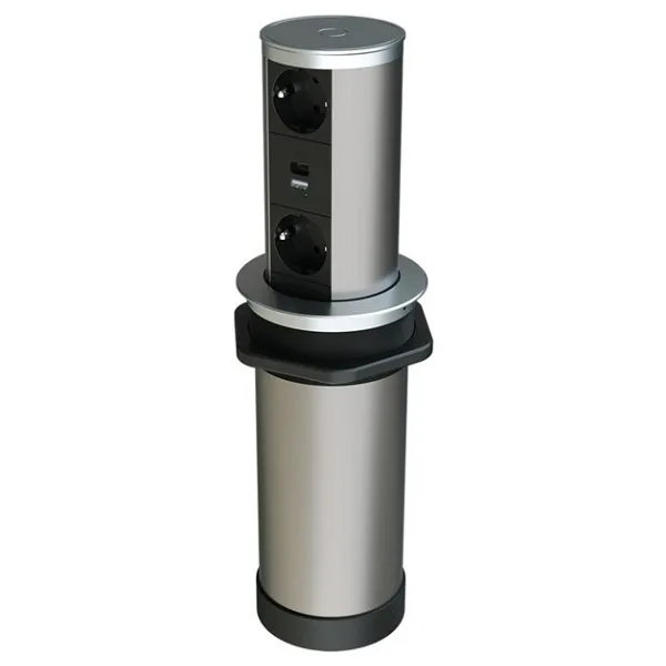 Metalline Tower-Line Bas-Aç Masaüstü Priz Kutusu USB-A , USB-C - Gümüş