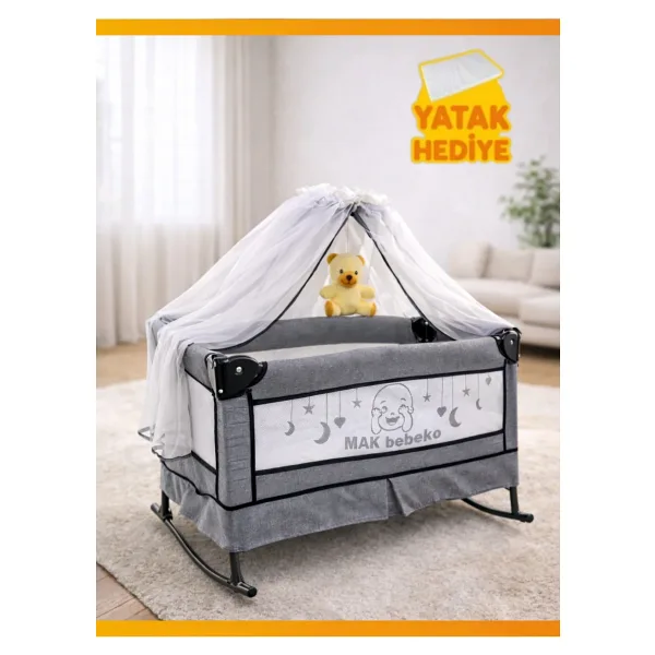 modabebekler Katlanır Mini Park Beşik Sallanır Anne Yanı Bebek Beşiği 50x80 Metal Tüllü Yatak Hediyeli