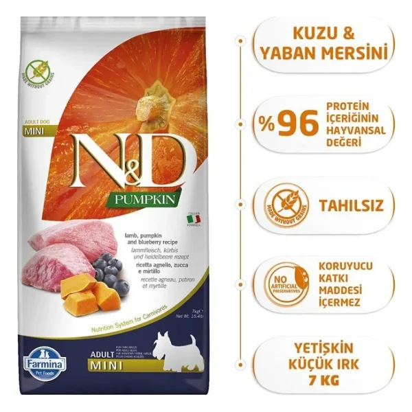N&D Pumpkin Kuzu Etli Balkabaklı ve Yaban Mersinli 7 kg Küçük Irk Yetişkin Köpek Maması