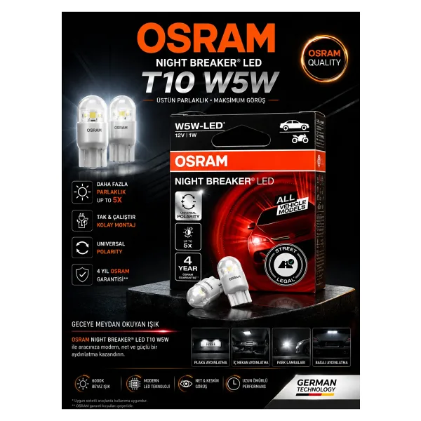 Osram T10 W5W Night Breaker LED Park Plaka İç Aydınlatma Ampulü Beyaz Işık 2 Adet