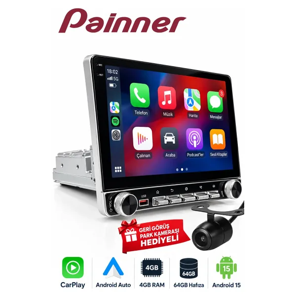 Painner P1003 10.1inç Dönen Ekran 4gb Ram 64gb Hafıza Android Tek Din Carplay Multimedya Teyp