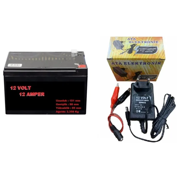 Pilsan Uyumlu Akülü Araç Için 12v 12ah 12 Volt 12 Amper Akü + 12 Volt Şarj Cihazı Adaptör