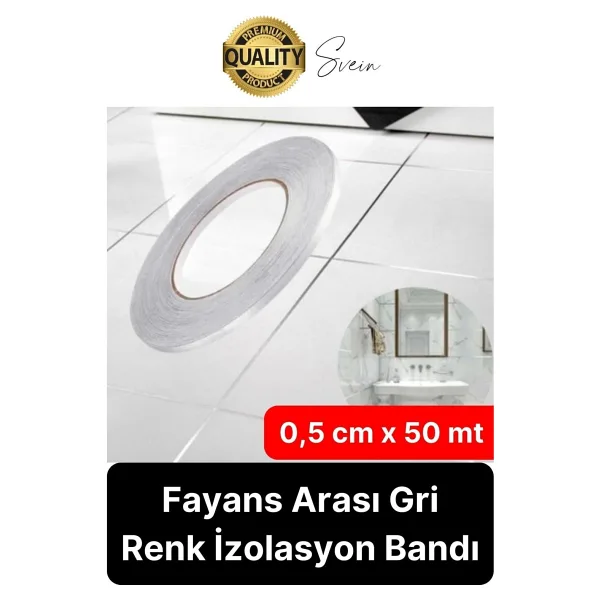 Premium Kendinden Yapışkanlı Gri Gümüş Renk Fayans Derz Arası İzolasyon Bandı Dekoratif Bant 0,5 Cm