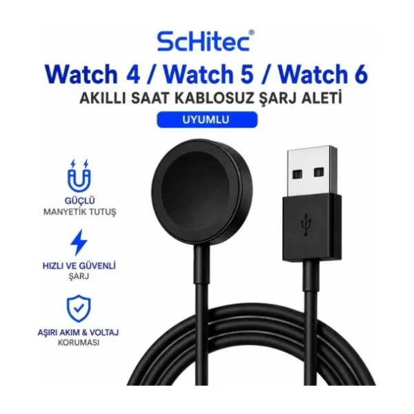 ScHitec Schitec Samsung Watch 4/watch 5/ Watch 6 Uyumlu Usba Girişli Fast Wireless Charge Hızlı Kablosuz Akıllı Saat Şarj Cihazı Siyah