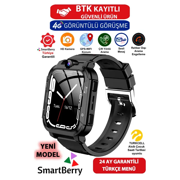 Smartberry Z34 Görüntülü Görüşme Gps Wıfı Net Konum Gizli Dinleme Akıllı Çocuk Takip Saati Sim Kartlı - Siyah