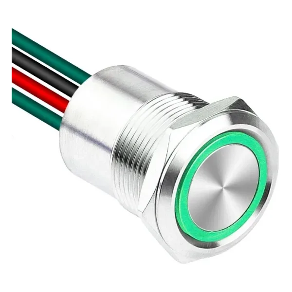 WD19D1-P2-E 19mm Düz Yaylı Işıklı Kablolu Metal Buton - Yeşil