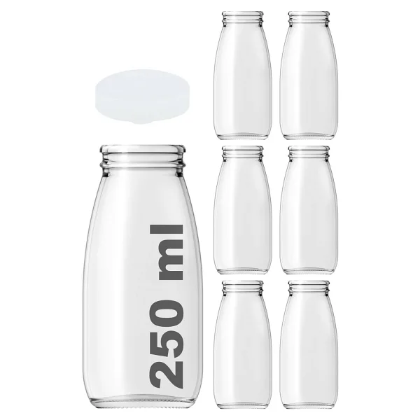 Afracam 250 ml Şeffaf Süt, Ayran, Limonata, Meşrubat Şişesi 250 Cc Plastik Kapaklı Boş Cam Şişe 6 Adet
