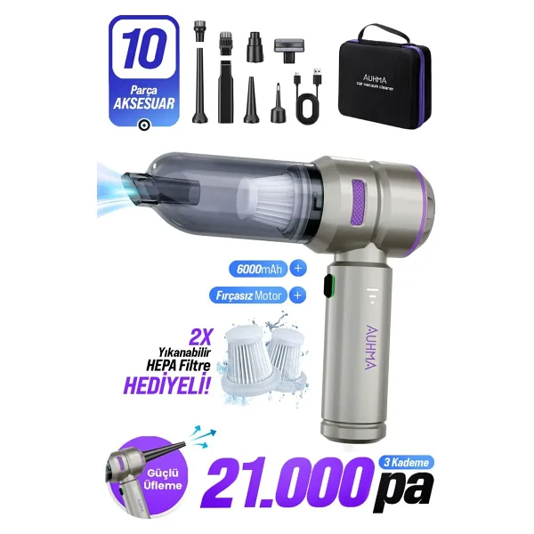 Auhma Ahv-02 20.000PA Kablosuz Taşınabilir Araç İçi Süpürgesi Mor