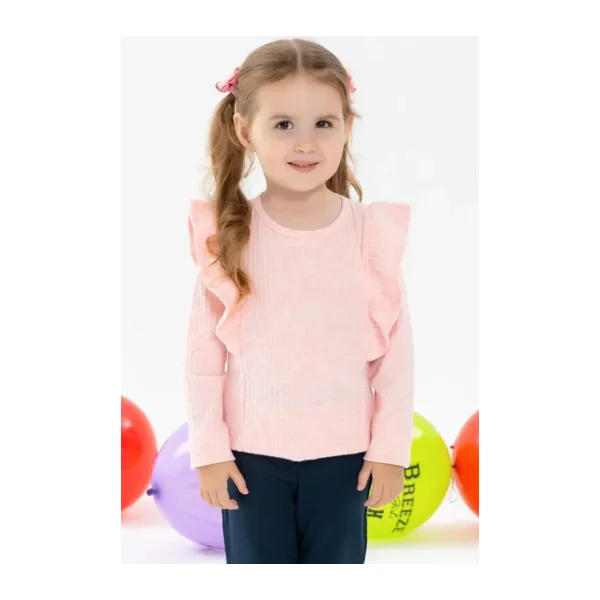 Breeze Kız Çocuk Uzun Kollu Bluz Omuzu Fırfırlı 1.5-5 Yaş, Somon Melanj Somon