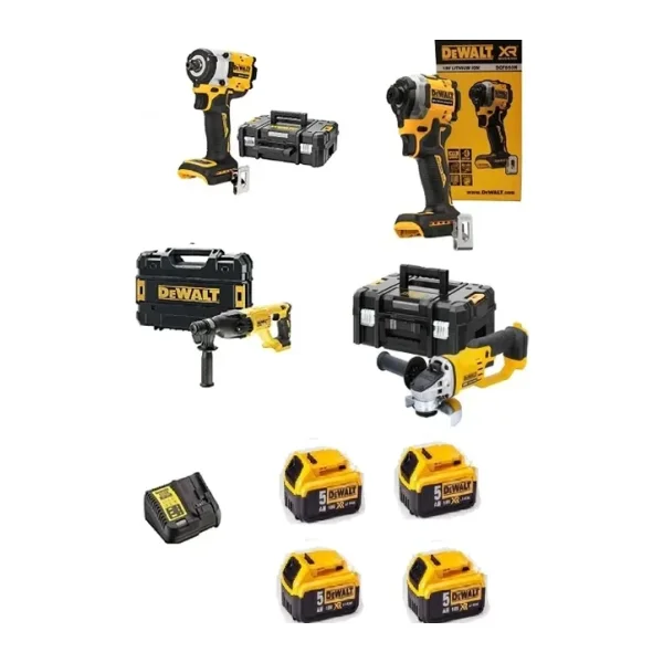 Dewalt DCH133NT ( 2.6 J ) + DCF850NT ( 206 Nm ) + DCG412NT ( 125 mm ) + DCF922NT ( 400 Nm ) + 4x 5 Ah +1 Adet Dolum Cihazı