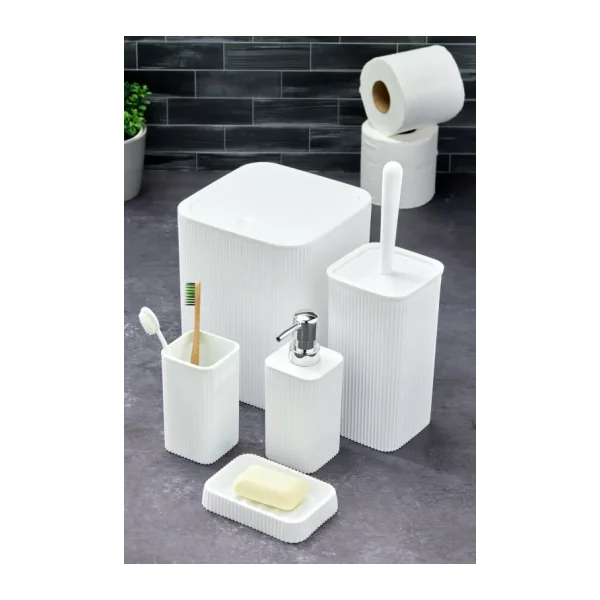 Homie Line 5 Parça Kare Banyo Seti - Çöp Kovası WC Fırçası Sıvı-Katı Sabunluk Diş Fırçası