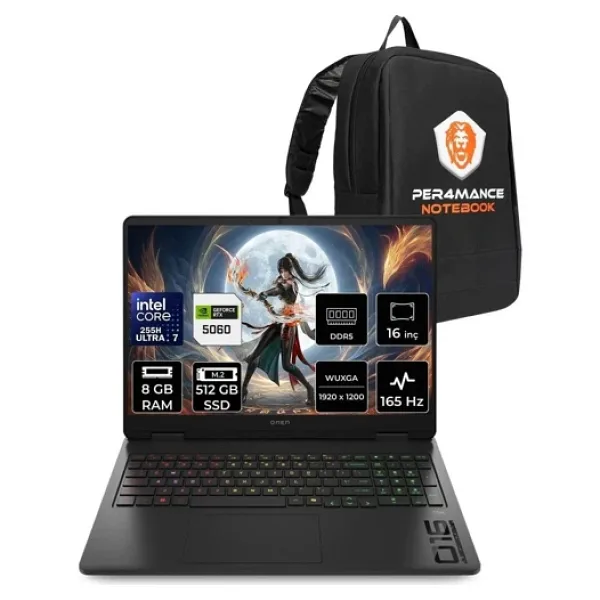 HP Omen Slim 16 Core Ultra 7 255H RTX 5060 8GB 8GB RAM 512GB SSD 16" FHD+ 165Hz FreeDOS CK9L3EAPN302 Gaming Laptop + Per4 Çanta - 512 GB - 8 GB