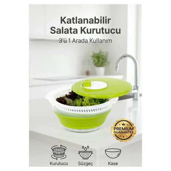 Katlanabilir Salata Kurutucu - Süzgeç ve Kase Seti - 3'ü 1 Arada 4.5 Litre Yeşil