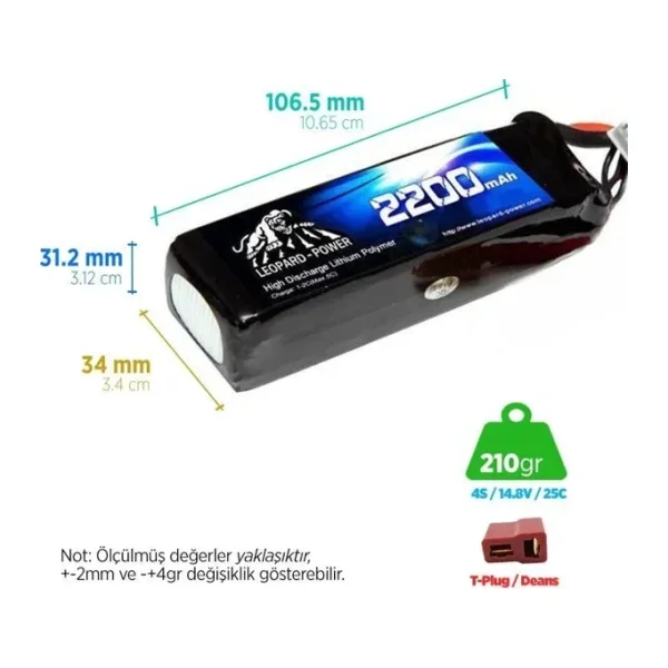 Leopard Power 2200 mAh 14.8V 4S 25C Lityum Polimer Lipo Batarya Pil T Plug