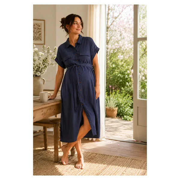 Luvmabelly Myra5861 - Doğal Yumuşacık Müslin Kumaş - Yazlık Gömlek Hamile Elbise - Lacivert