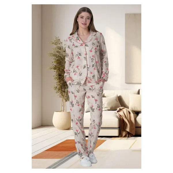Mecit 6023 Pudra Büyük Beden Boydan Düğmeli Kadın Pijama Takımı