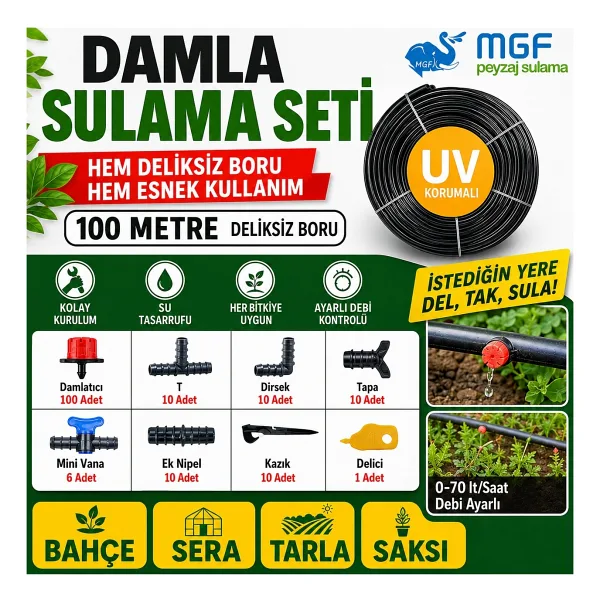 Mgf Plast 100 Mt. Damla Sulama Borusu Deliksiz Damlama Sulama Hortumu Hazır Aparatlı Seti Sistemi