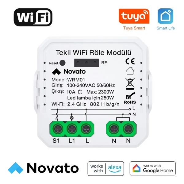 Novato Tuya Uyumlu Tekli Wifi Akıllı Anahtar (10A - 220V Röle) - Tek Çıkışlı, Anahtar Girişli, Googl