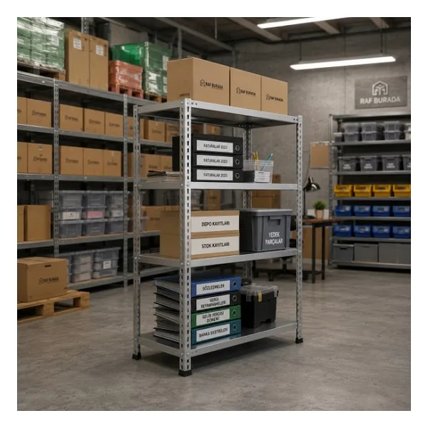 Rafburada 4 Katlı Galvaniz Çelik Raf - Depo, Arşiv, Kiler, Dosya, Market Rafı - 43x60 cm-200 cm-0.70 mm - 43 x 60 x 200-0,70 mm