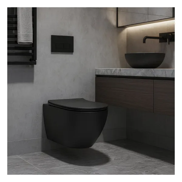 Turavit Rondo Kanalsız Mat Siyah Asma Klozet RND5512B, Rondo Mat Siyah Duroplast Yavaş Kapak