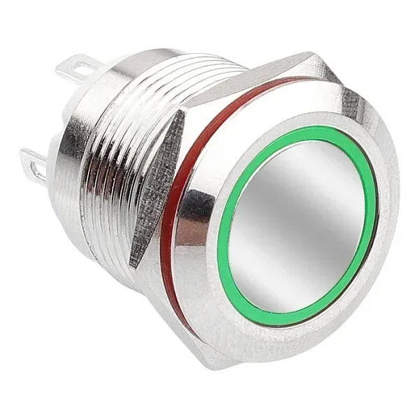 WD19H-P1-E 19mm Düz Yaylı Işıklı Metal Buton - Yeşil