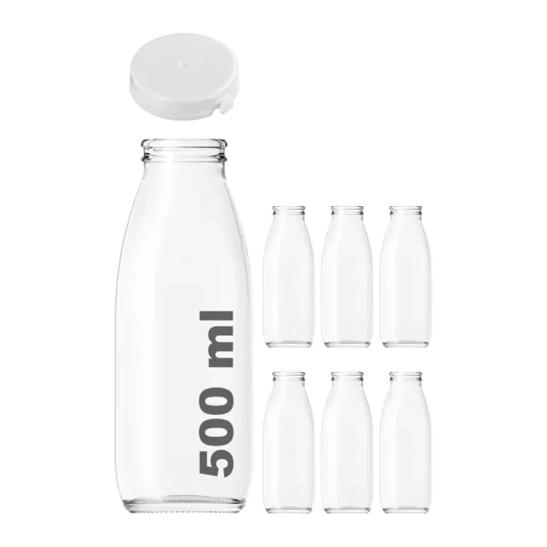 500 ml Şeffaf Sürahi Süt, Ayran, Su, Limonata, Meşrubat Şişesi 500 Cc Yırtmalı Kapaklı Cam Şişe 6 Adet (6, Beyaz Kilitli Kapak, 500)