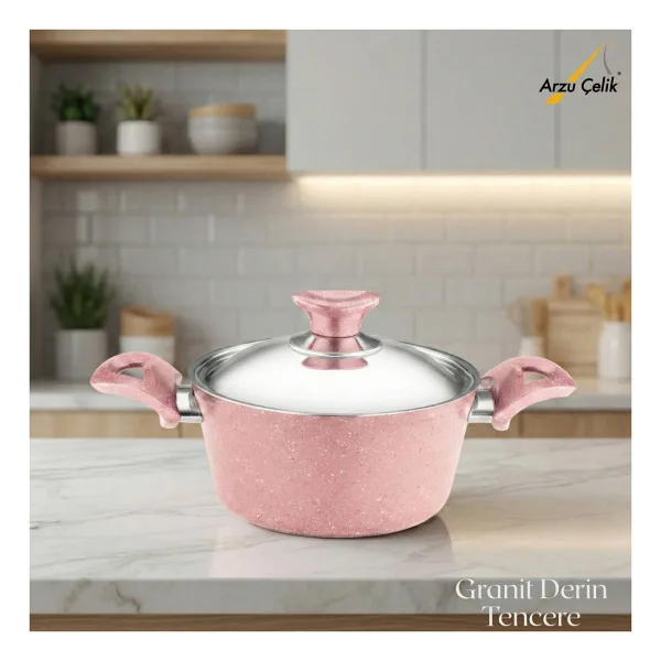 Arzu Çelik Kapaklı Pembe 18 cm Derin Granit Tencere