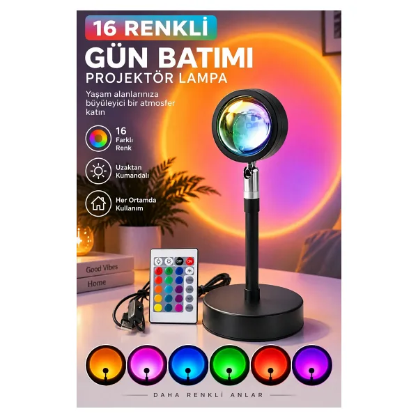 asua Gece Lambası Projektör Kumandalı Gün Batımı 16 Farklı Görüntü Sunset Lamp Yeni Çocuk Odası