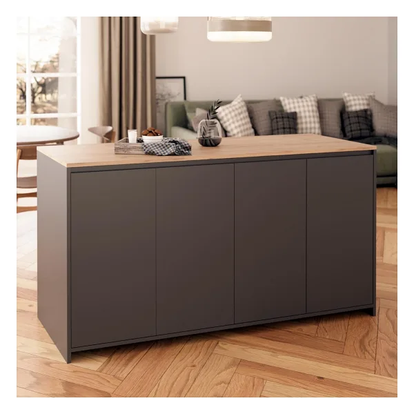 Bimossa Diego L4620 Mutfak Adası 160 cm Antrasit Ahşap Üst Bar Masası Kahve Köşesi Kapaklı Depolamalı Çok Amaçlı Dolap - Meşe - 160x92x68