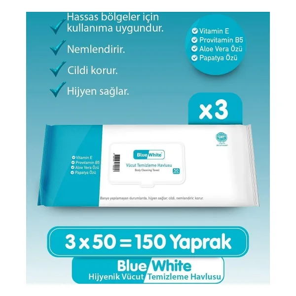 Bluewhite Yetişkin Hasta Vücut Temizleme Mendil 3'lü Set 50 Yaprak