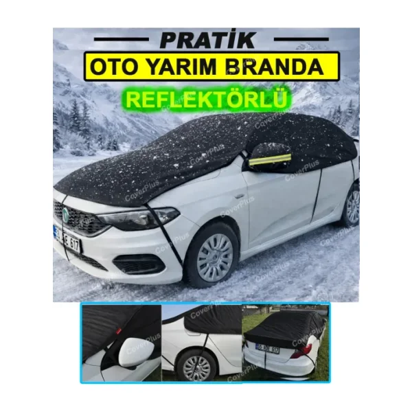 CoverPlus Siyah Reflektörlü Pratik Yarım Oto Brandası,Buzlanma,Kar ve Güneşten Korur,Dikiz Aynası Korumalı,
