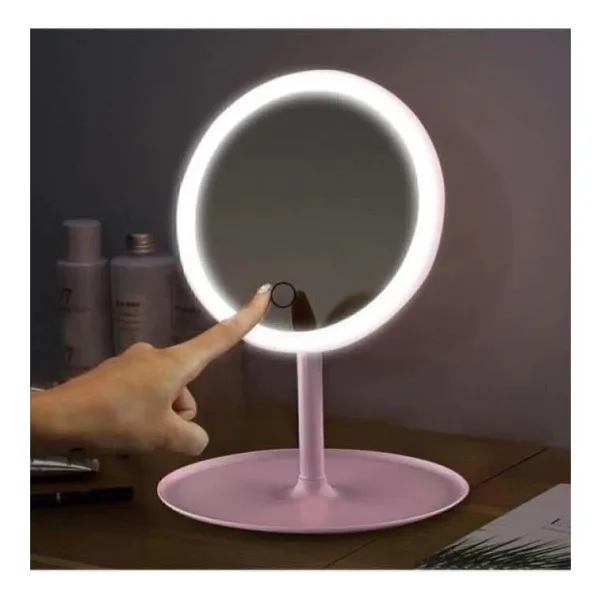 Dokunmatik Led Işıklı Usb Şarjlı Yuvarlak Makyaj Aynası Pembe SM8036