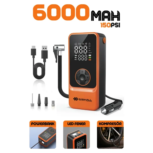 Enshall 6000mAh Şarjlı Mini Led Işıklı Araç Çakmaklık Kablolu Bisiklet, Top, Araç Lastik Şişirme Kompresörü