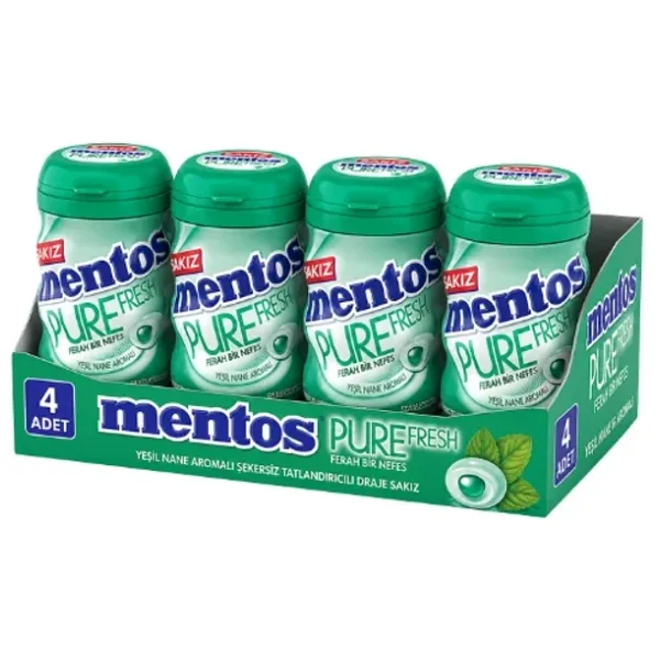 Mentos Pure Fresh Yeşil Nane Aromalı Şekersiz Tatlandırıcılı Draje Sakız 60 GR X 4 Adet