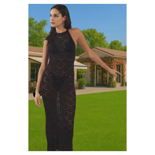 PayBuy Kadın Maxi Boy Triko Plaj Elbise Halter Yaka Yazlık Şık Modern Stil Dayanıklı Malzeme