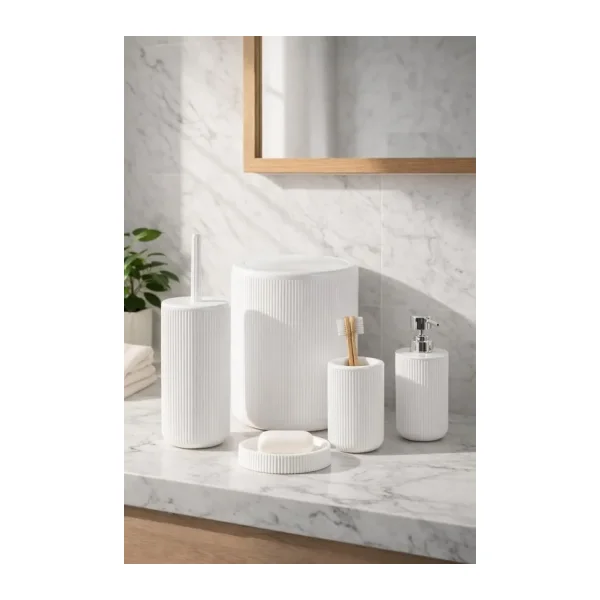 Perotti 33031500001-1 5 Parça Yuvarlak Banyo Seti - Çöp Kovası, Sabunluk, Diş Fırçalığı ve Silikon Wc Fırçası Beyaz