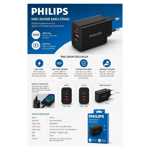 Philips DLP4325AB 20 W Hızlı Şarj Adaptörü