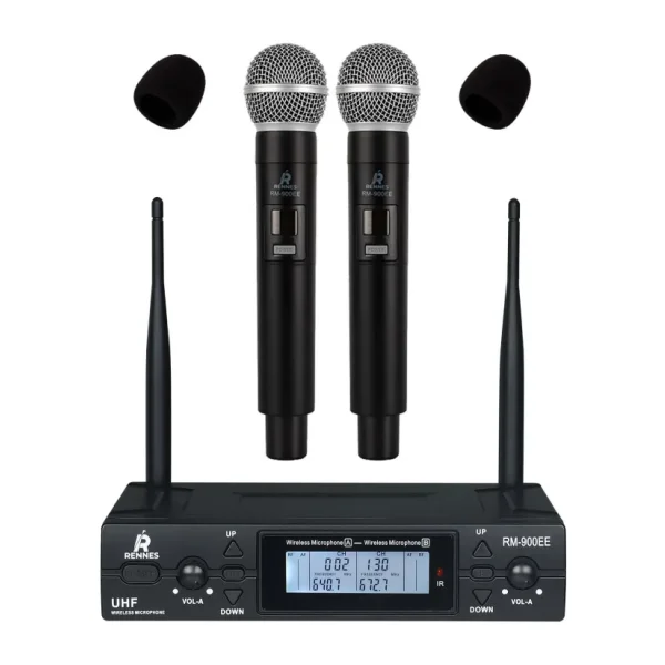 Rennes RM-900EE Uhf 2X100 Kanal Çiftli Kablosuz El Mikrofonu Çift Anten LCD Ekran