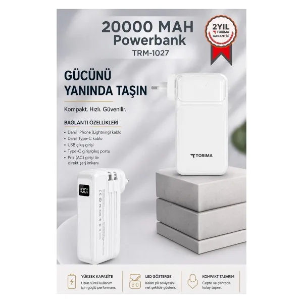 Torima TRM-1027 Beyaz 20000 mAh Hızlı Şarj Powerbank