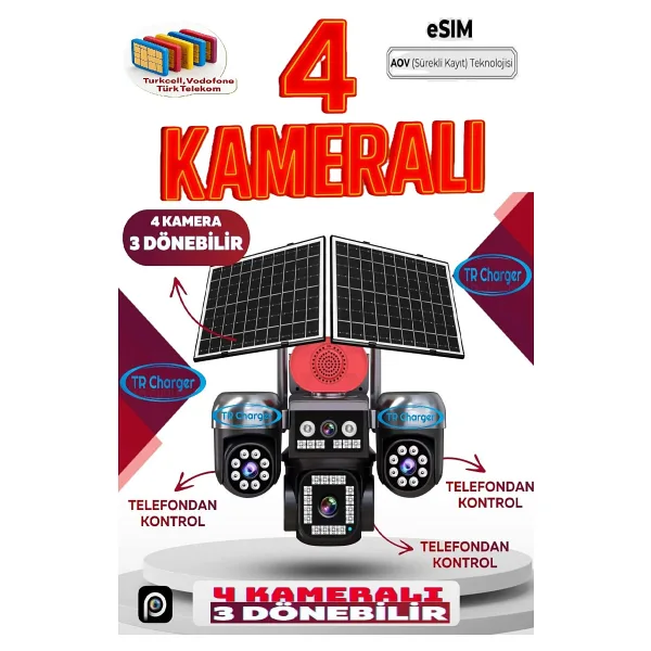 TRCharger 4 Kameralı 3 Dönebilir Güneş Enerjili Güvenlik E-SIM - Çift Güneş Paneli, SIM Kartlı AOV Çakarlı