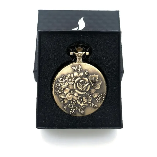 Valkyrie Zarif Kabartma Çiçek Desenli Vintage Bronz Cep Saati - Kolye Köstekli Retro Hediye