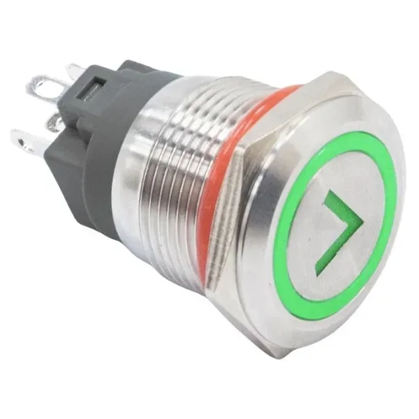 WD19A-P1-ET 19mm Düz Yaylı Işıklı Ok İşaretli Metal Buton - Yeşil