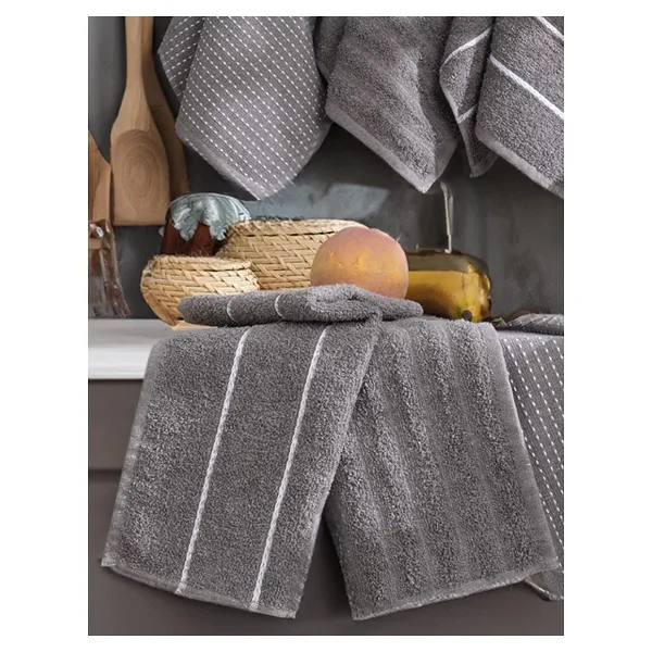 6'Lı Nakışlı Kurulama Peçetesi Seti 30X50 Cm Antrasit %100 Pamuk Yumuşak Ve Emici