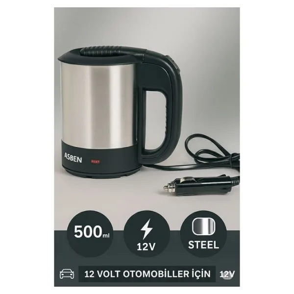 ASBEN 12 Volt Oto Araç Kettle Araba Su Isıtıcı Çelik Kettle(YARIM LİTRE HACİM)