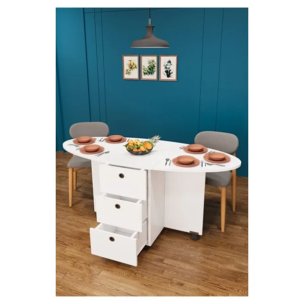 Asra Trend Mdf Oval Katlanır Mutfak Yemek Çalışma Masası, 3 Çekmeceli, Beyaz, Km-08
