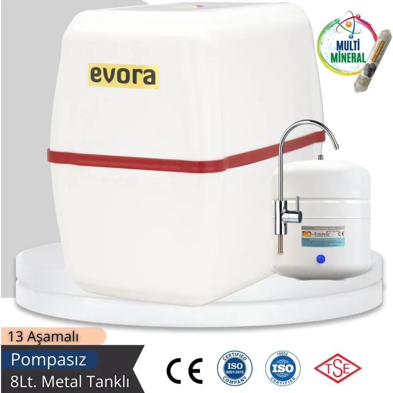 Evora 13 Aşamalı 8 Lt Beyaz Kapalı Oval Kasa Pompasız Su Arıtma Cihazı