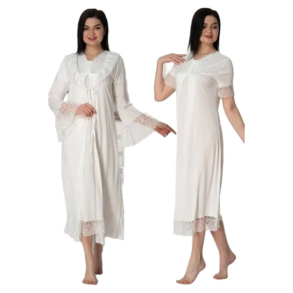 Kadın Ekru Dantelli Hamile Lohusa Sabahlıklı Gecelik Takım, L, HW5045EF-869BST0015268