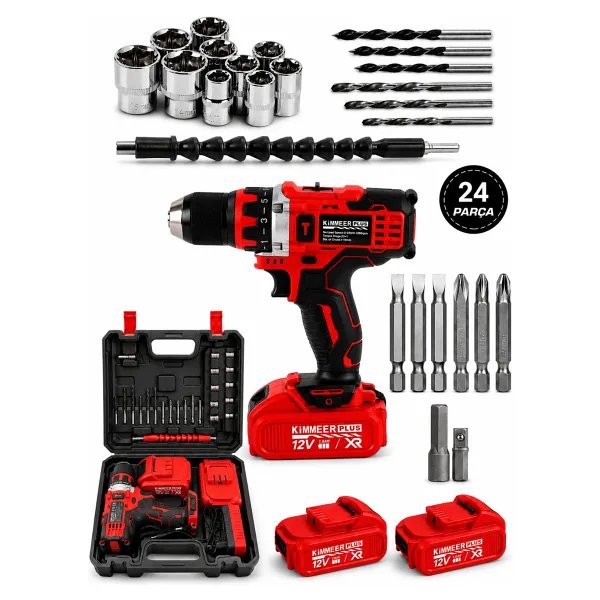 KİMMEER PLUS 12v 1.5 Ah Metal Şanzıman Çift Akülü Şarjlı 24 Parça Akülü kırmızı Vidalama Matkap