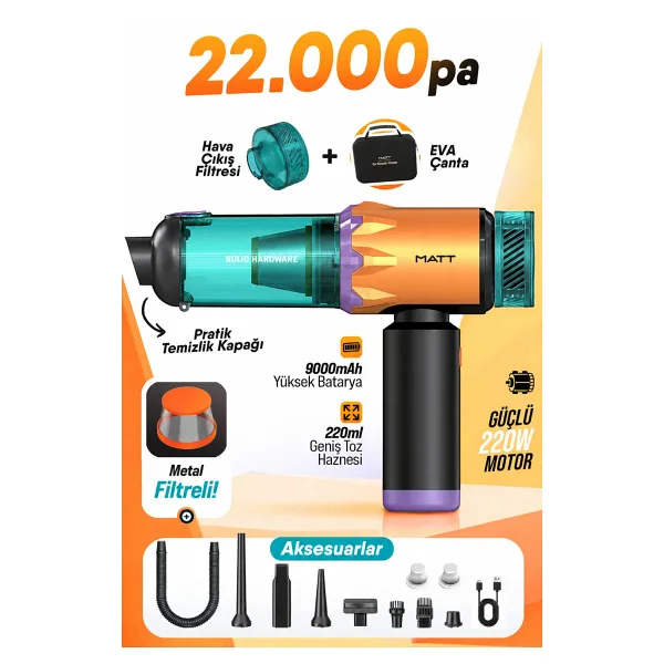 Matt Authentic Craftsman MATT MCV22 Şarjlı Araç Süpürgesi Sarı 22.000Pa Güçlü Vakumlu Mini El Süpürgesi Type-C Şarjlı 220ML